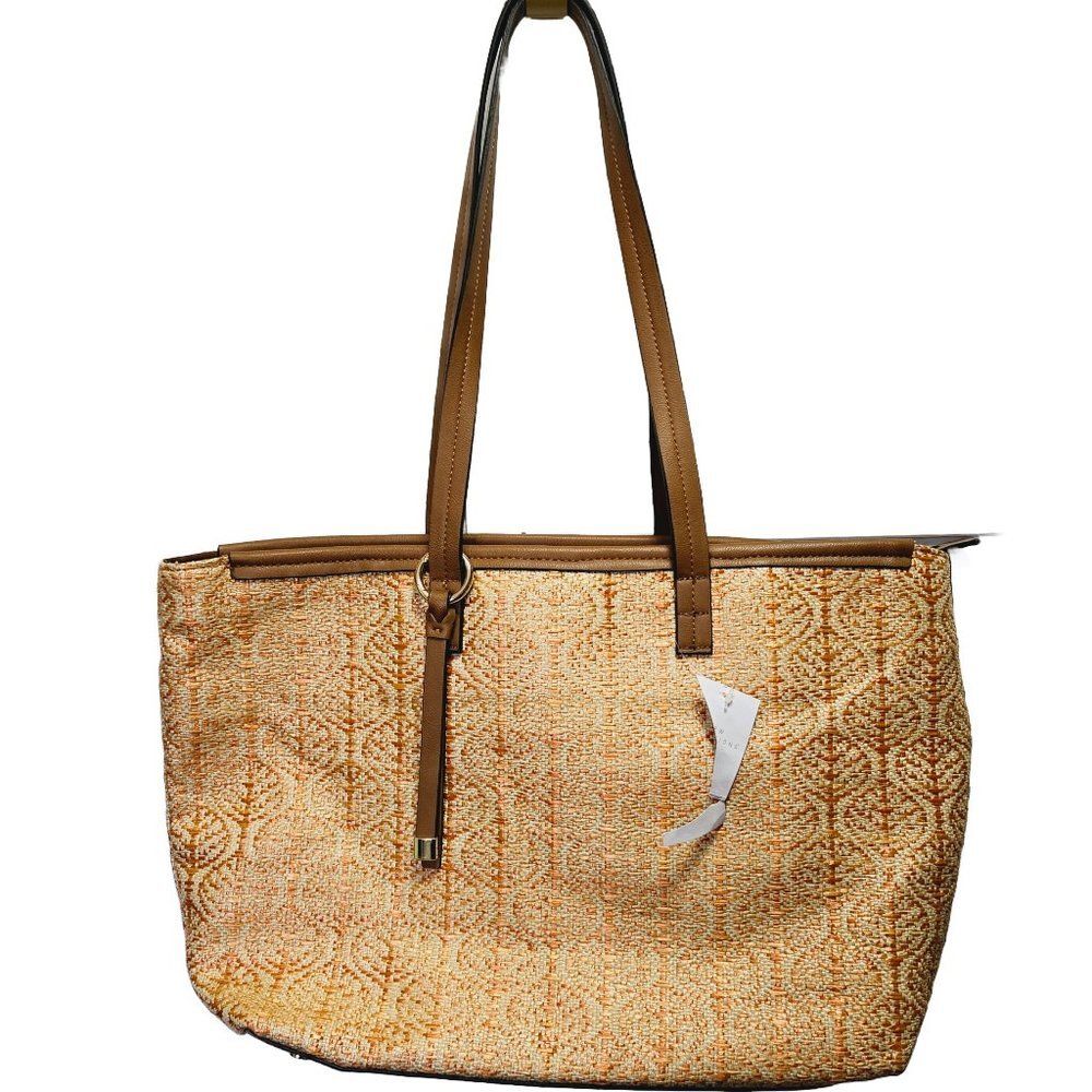 NWT NEW DIRECTIONS ORANGE & TAN TWEED STRAW WOVEN LARGE TOTE HANDBAG/PURSE $88